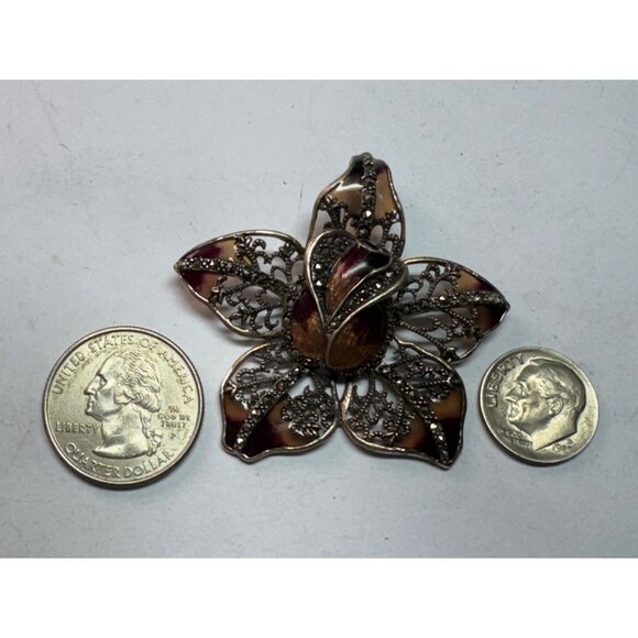 Estate Sterling Silver 925 Orchid Flower Pendant Marcasite Inlay Purple Enamel - Picture 6 of 8